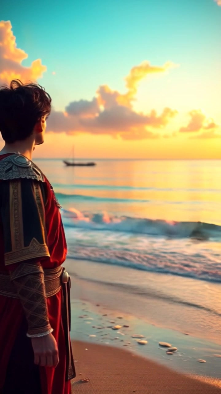 Subject: A figure standing on a beach. Subject movement: The figure, gazing thoughtfully at the horizon, shifts their weight gently from one foot to the other. Scene: A serene beach at sunrise, with soft, golden light illuminating the calm ocean waves and the sandy shore. Style: Warm sunrise lighting creating an inviting and tranquil atmosphere. Motion: The camera pans smoothly from the figure to the expansive ocean, capturing the gentle lapping of waves against the shore as the morning sky transitions from soft pastels to vibrant hues.