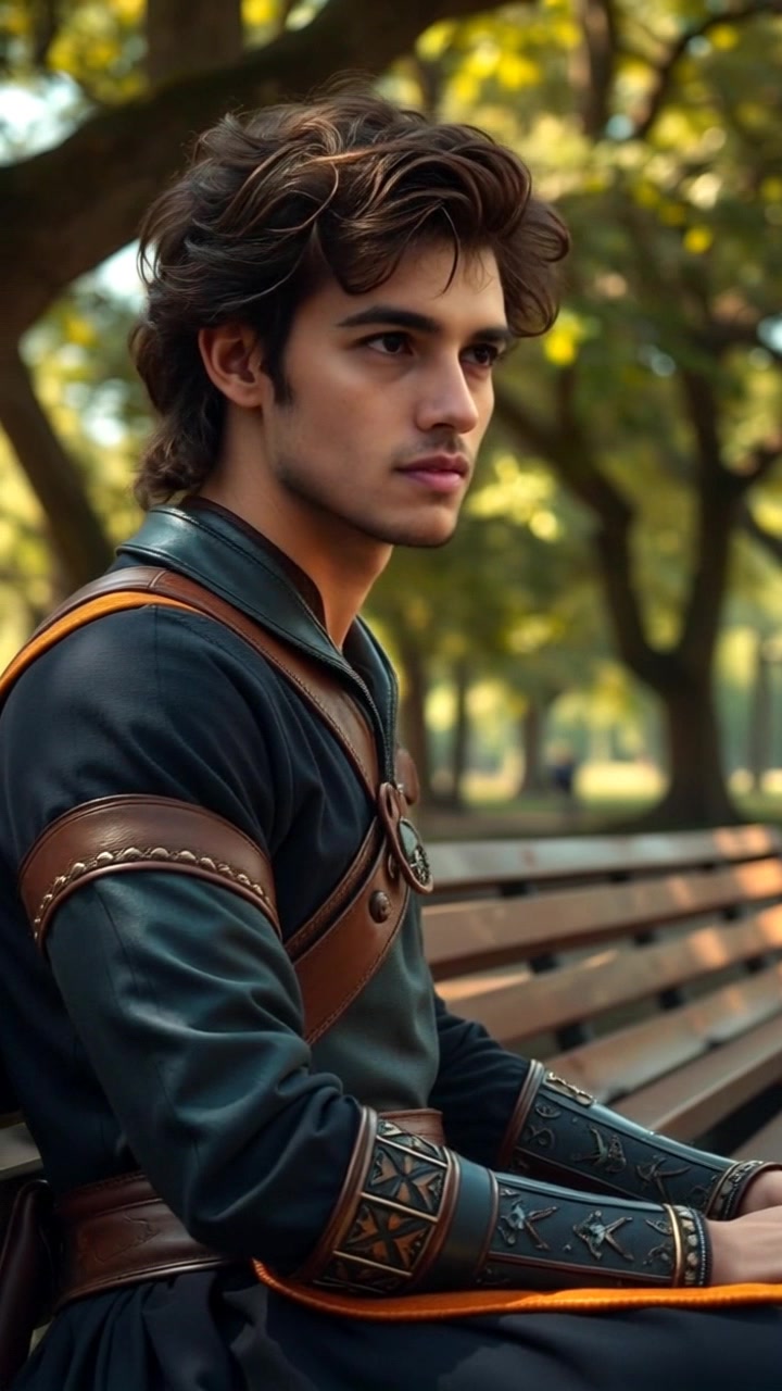 Subject: An individual sitting on a park bench, gazing thoughtfully into the distance. Scene: A serene park setting with lush trees in the background, dappled sunlight filtering through the leaves. Lighting: Soft, ambient light creates a warm and inviting atmosphere. Motion: The camera gently pushes in for a close-up on the individual’s reflective expression, capturing the subtle movements of leaves rustling in the breeze.