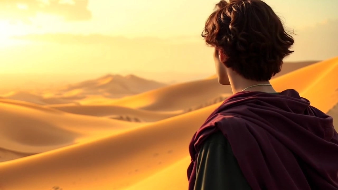 Subject: A person standing on a sand dune. Subject Movement: They turn slightly to gaze over the vast desert expanse with curiosity. Scene: A sunlit desert landscape with rolling sand dunes stretching into the horizon. Style: Warm, midday light creates soft shadows across the sand, enhancing the texture and contours. Motion: The camera begins with a close-up of the person's expression before pulling back to reveal the expansive desert, offering a dramatic panoramic view of the arid landscape.