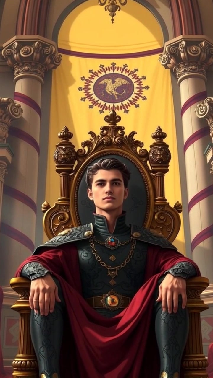 Subject: Mateo sitting regally on a grand throne. Scene: A beautifully decorated palace featuring ornate columns and intricate details, highlighting its opulence. Lighting: Soft, ambient light illuminating the interior, casting delicate shadows across the throne. Motion: The camera slowly pushes in from a distance, capturing Mateo's poise and the grandeur of the surrounding palace while maintaining an inviting atmosphere.