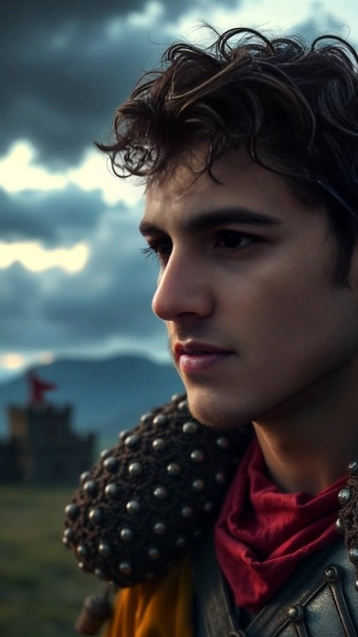 Subject: A worried person gazing towards the stormy horizon. Scene: Close-up of the subject, with dark, ominous clouds gathering in the background. Style: Dramatic lighting enhances the tension with deep contrasts between shadowed features and the turbulent sky. Motion: The camera slowly pushes in on the subject's face, capturing the shifting emotions as the clouds loom, with a slight breeze rustling their hair.