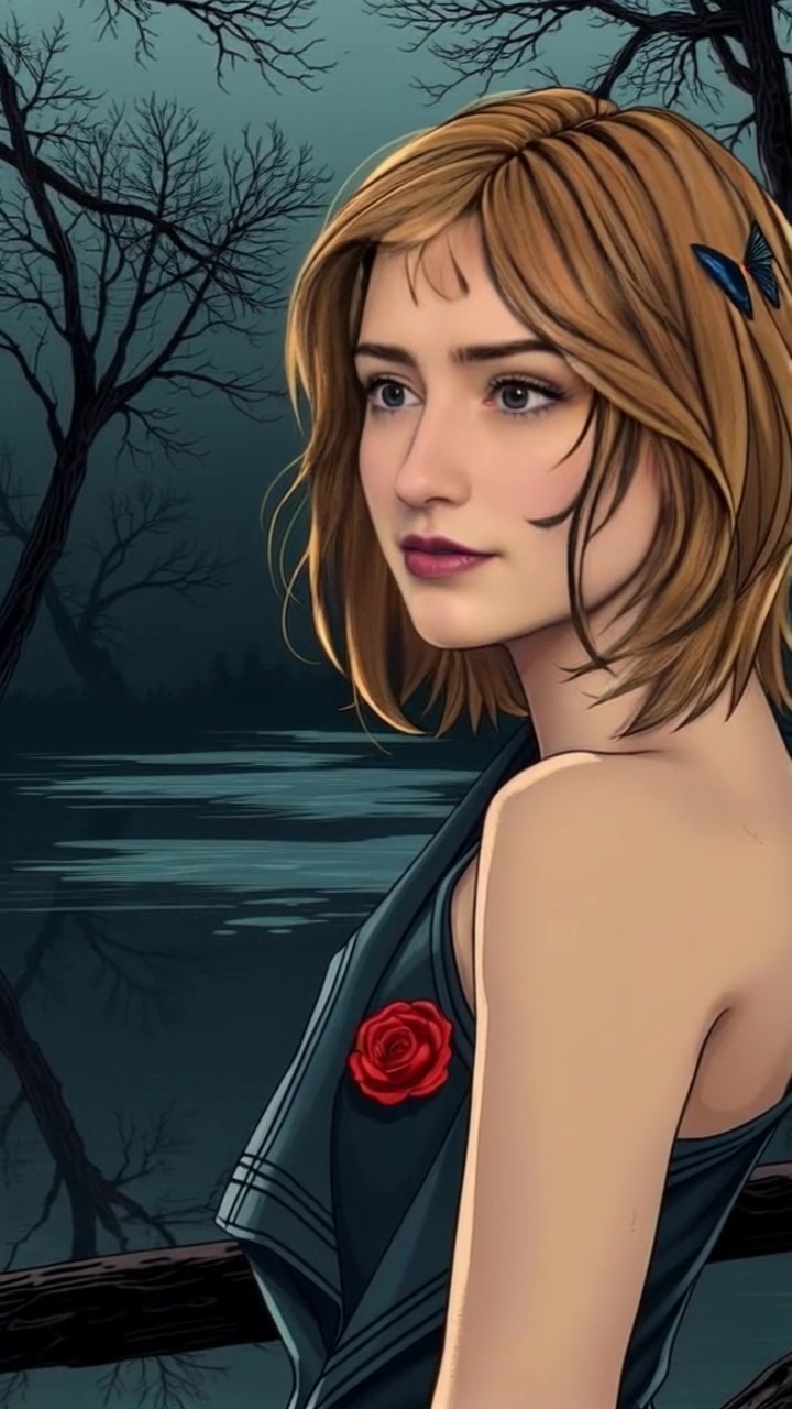 Subject: A woman standing near a tranquil lake, looking concerned as she reflects on her past. Subject movement: She shifts her gaze from the water to the horizon, her expression contemplative. Scene: Peaceful lakeside setting surrounded by lush greenery and distant mountains, evoking a sense of solitude. Style: Soft, ambient morning light filtering through the trees, casting gentle reflections on the water. Motion: Camera slowly pushes in to capture her expression, enhancing the emotional depth of her introspection.