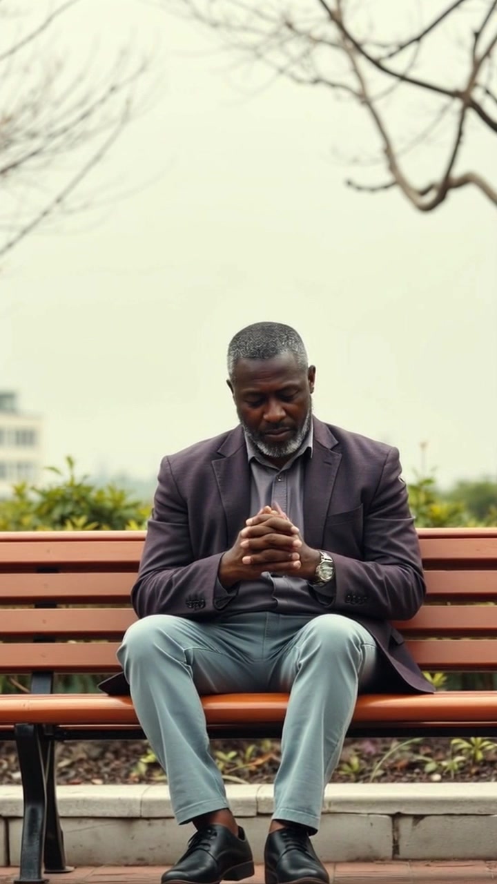 Scene: A solitary figure sitting on a bench in a tranquil park, deep in thought while gazing at his hands. Style: Soft, diffused morning light filtering through the leaves, creating a serene atmosphere. Motion: The camera slowly pushes in closer, focusing on his contemplative expression and hands, with gentle bokeh effects enhancing the intimate moment.