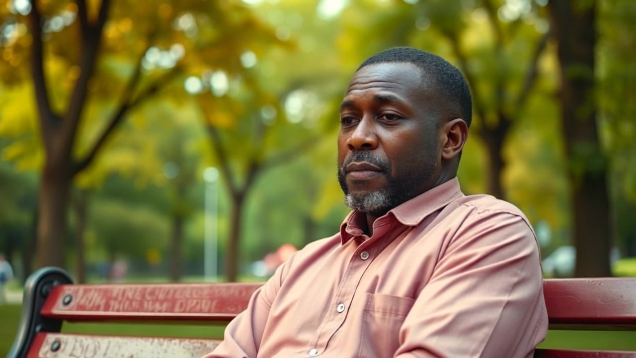 Scene: A contemplative figure sitting on a park bench surrounded by lush green trees. Style: Soft, ambient lighting filters through the leaves, casting dappled shadows on the ground. Motion: A gentle push in from a distance, focusing on the thoughtful expression while the background subtly shifts to reveal the serene park setting.