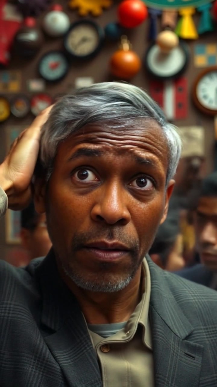 Subject: A person looking bewildered and anxious, scratching his head amidst chaos. Subject movement: The person shifts nervously from side to side, scanning the chaotic surroundings. Scene: A bustling street filled with commotion, loud noises, and a jumble of people and activity. Style: Bright, daytime lighting with harsh contrasts emphasizing the frenzied atmosphere. Motion: The camera performs a tight, handheld tracking shot, weaving through the crowds, capturing the man's anxiety as he tries to navigate the hectic environment.