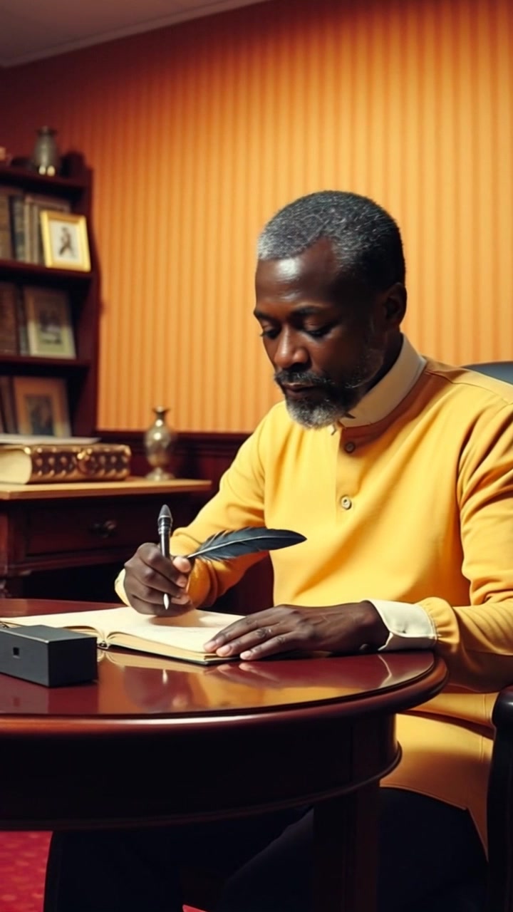 Subject: A focused individual writing with a quill at a vintage desk. Scene: A dimly lit room filled with old books and scrolls, the warm glow of a candle illuminating the workspace. Lighting: Soft, moody light enhances the intimate atmosphere. Motion: The camera gently pushes in on the desk, capturing the detailed motion of the quill gliding across parchment, while the flickering candlelight casts playful shadows on the walls.