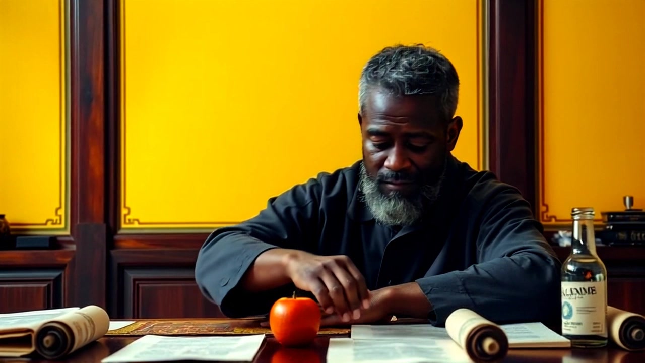 Subject: A contemplative figure seated at a wooden table. Subject movement: The figure shifts slightly, leaning forward in deep thought, fingers brushing over the ancient scrolls. Scene: A dimly lit study filled with rich wooden textures and scattered ancient scrolls, creating an atmosphere of wisdom and mystery. Lighting: Soft, ambient light illuminating the scrolls, casting delicate shadows. Motion: Camera performs a slow, dramatic dolly in towards the figure, accentuating the intensity of their contemplation and the intricate details of the scrolls.