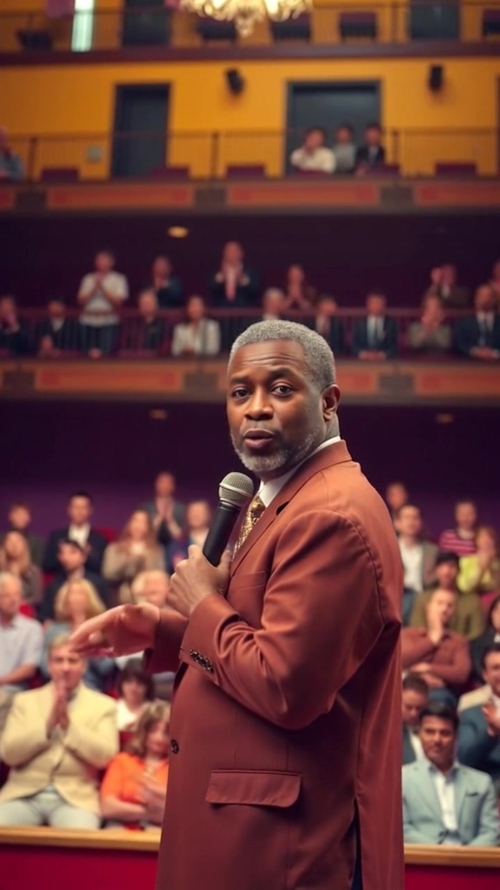 Subject: A confident presenter standing at the front of a stage, microphone in hand, addressing the lively crowd. Subject movement: The presenter gestures animatedly, engaging with the audience as they respond with applause. Scene: A vibrant stage setting with colorful lights illuminating the atmosphere, and an enthusiastic audience in the foreground. Style: Dynamic stage lighting creating an energetic vibe, with a warm, inviting glow. Motion: Camera performs a sweeping push-in towards the presenter, capturing their expressions and interactions with the crowd, while the background blurs slightly to emphasize the moment.