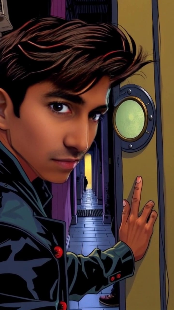 Scene: A close-up of a door with Arjun peering curiously through the peephole, revealing an empty, dimly lit hallway beyond. Style: Soft ambient lighting creating a subtle tension, with shadows playing across the door's surface. Motion: Camera gently zooms in on the peephole for an intimate perspective, then slowly pans to reveal the empty hallway, heightening the sense of anticipation.