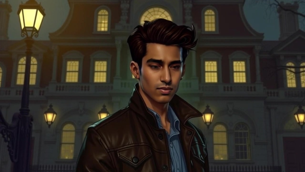 Subject: A determined figure standing outside a large, old mansion. Scene: Dark night atmosphere enveloping a towering, ancient mansion with intricate architecture, illuminated only by a faint moonlight. Motion: Camera begins with a close-up of the figure's resolute expression, then pushes out slowly to reveal the mansion's grandeur, with a slight tilt up to emphasize its height. Lighting: Low-key lighting highlighting sharp contrasts between shadows and illuminated areas. Atmosphere: Eerie and suspenseful, creating a sense of anticipation.