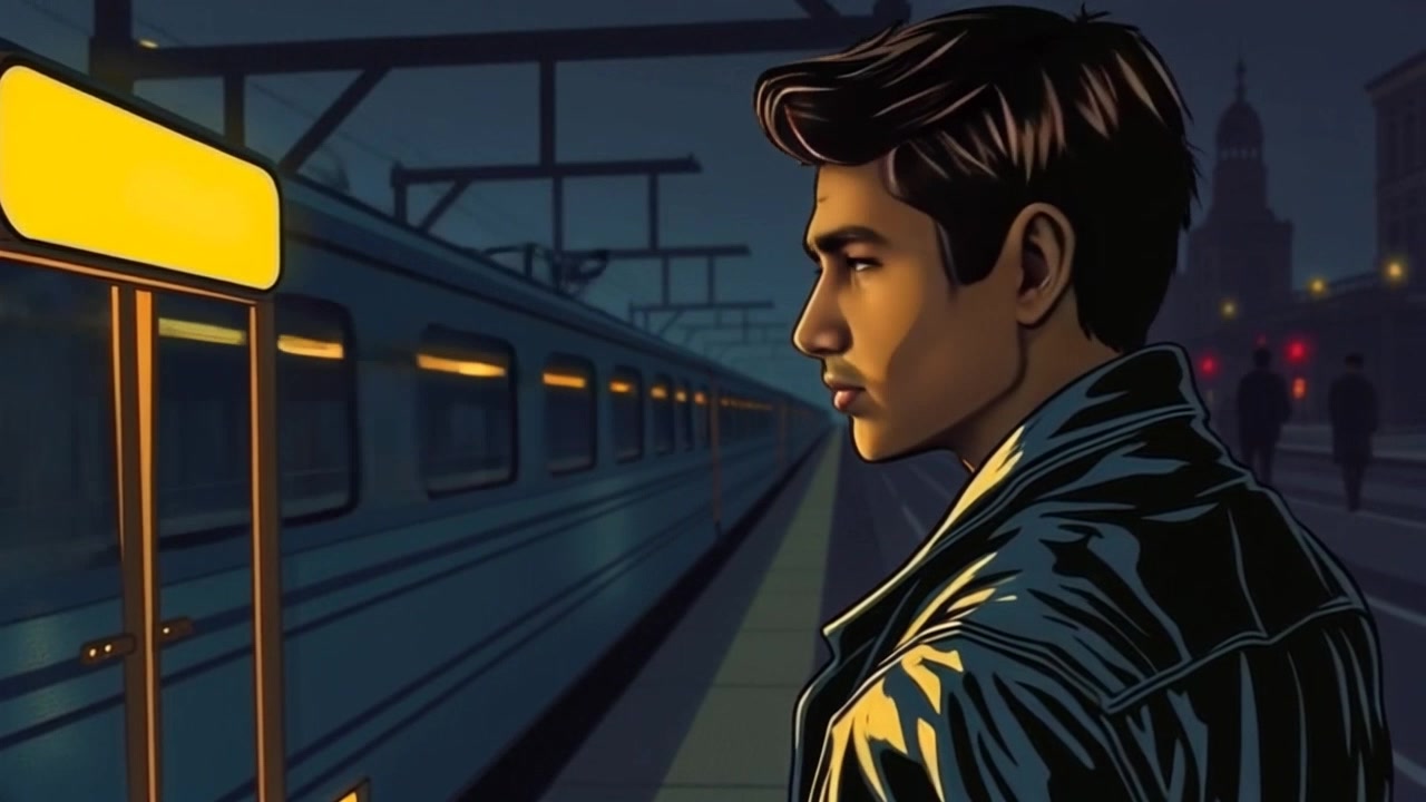 Scene: A dimly lit train station platform at night, with an empty train pulling away, leaving only the faint echo of its wheels. Style: Moody lighting enhances the sense of solitude and mystery, with shadows stretching across the platform. Motion: The camera begins focused on the platform, then gently pushes in on Arjun as he watches the train disappear into the darkness, capturing the moment of longing and anticipation.
