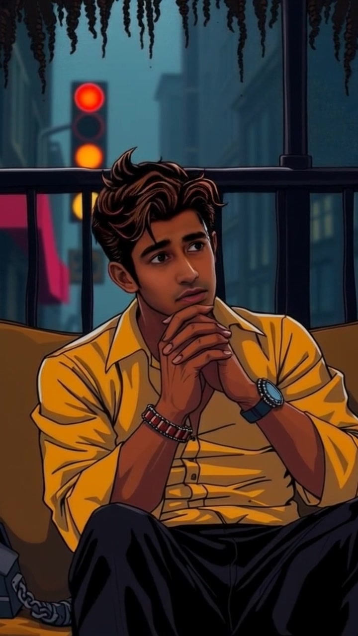 Subject: A young man sitting on a couch, looking worried as he clasps his hands together, deep in thought. Scene: Cozy living room with soft lighting, large window letting in warm afternoon light filtered through curtains. Motion: The camera gently pushes in towards the young man's face, capturing the intensity of his expression as the background gradually blurs into a soft bokeh, enhancing the sense of isolation in his moment of contemplation.