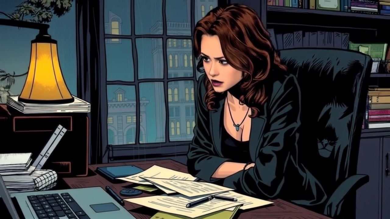 Subject: A focused person seated at a cluttered desk, leaning forward with a concerned expression. Subject movement: She shifts slightly in her chair, glancing left and right as if contemplating her next move. Scene: An intimate workspace filled with scattered papers and books, creating a sense of urgency and disorganization. Style: Soft ambient lighting with a warm glow illuminating the desk clutter. Motion: The camera moves in slowly, capturing the details of the desk and her expression, before pulling back to reveal the broader chaos of the room.