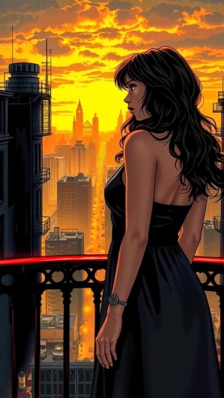 Subject: Maya standing on a balcony, gazing thoughtfully at the bustling city below. Subject movement: She stands still, absorbing the view as the city comes to life in the warm glow of sunset. Scene: A vibrant city skyline with twinkling lights emerging as day transitions into night. Style: Soft, ambient lighting from the setting sun casts a golden hue across the scene. Motion: A slow push-in shot from a distance, capturing Maya’s silhouette against the luminous backdrop, gradually zooming in to focus on her contemplative expression.