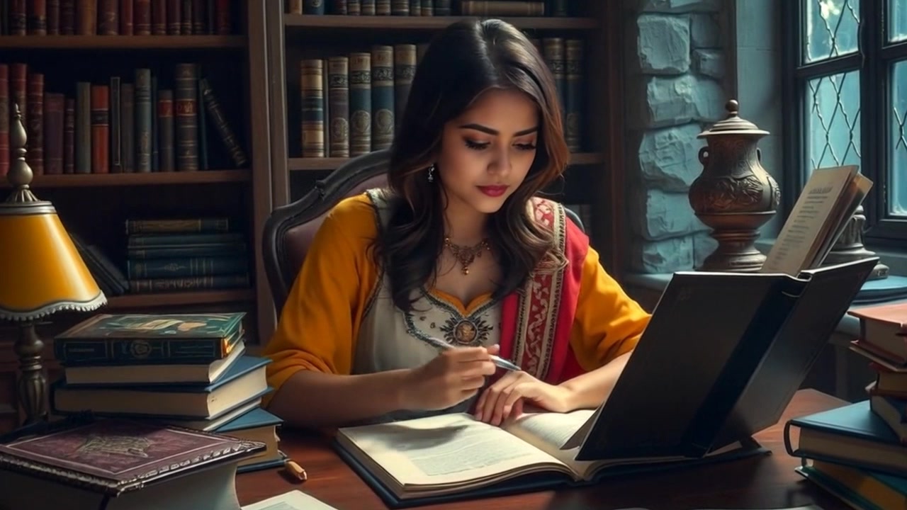 Scene: Priya is at her desk, deeply engrossed in her studies with textbooks and notebooks spread out around her. Style: Soft, warm lighting creating an inviting atmosphere filled with the promise of knowledge. Motion: The camera slowly pushes in, focusing on her concentrated expressions and the pages of her books, while a gentle tilt captures the surrounding chaos of study materials.