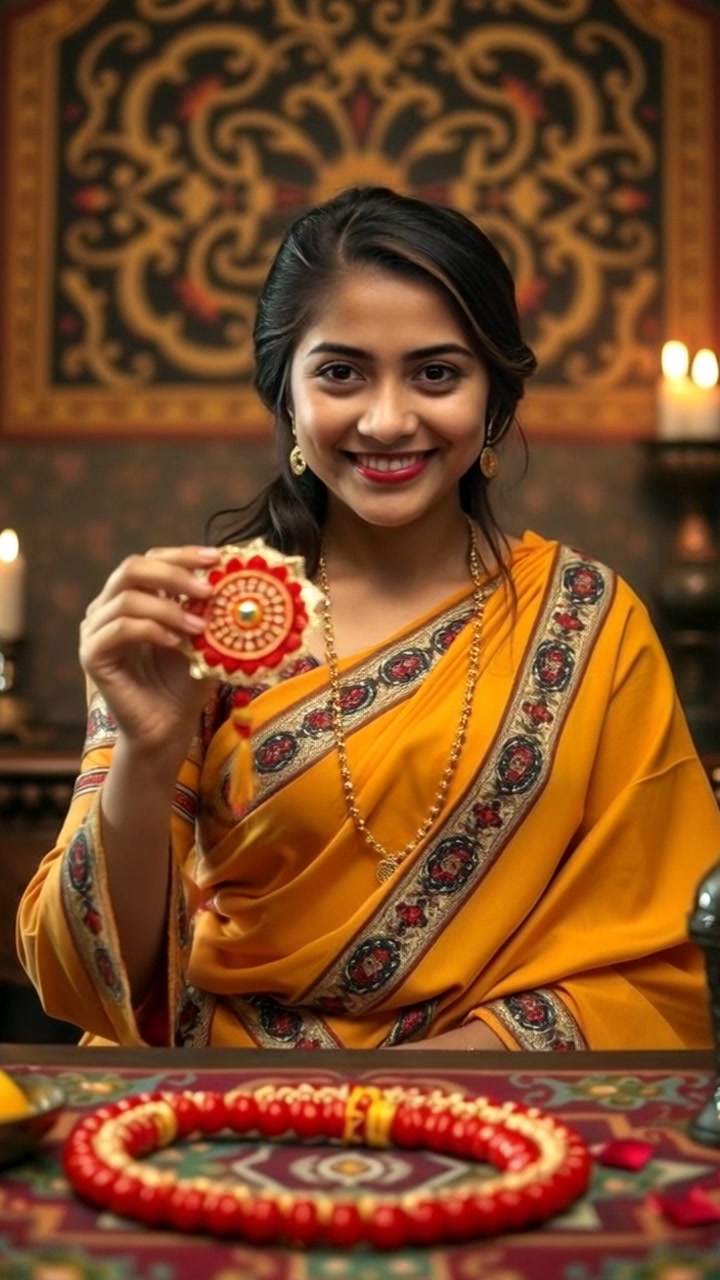 Subject: Priya holding a colorful rakhi. Subject movement: She smiles brightly as she gently rotates the rakhi, showcasing its vibrant colors. Scene: At a table adorned with festive decorations, surrounded by traditional items in a richly decorated setting. Style: Warm, inviting lighting enhancing the celebratory atmosphere. Motion: Camera pushes in slowly for a close-up on the rakhi, capturing its intricate details as Priya excitedly displays it.