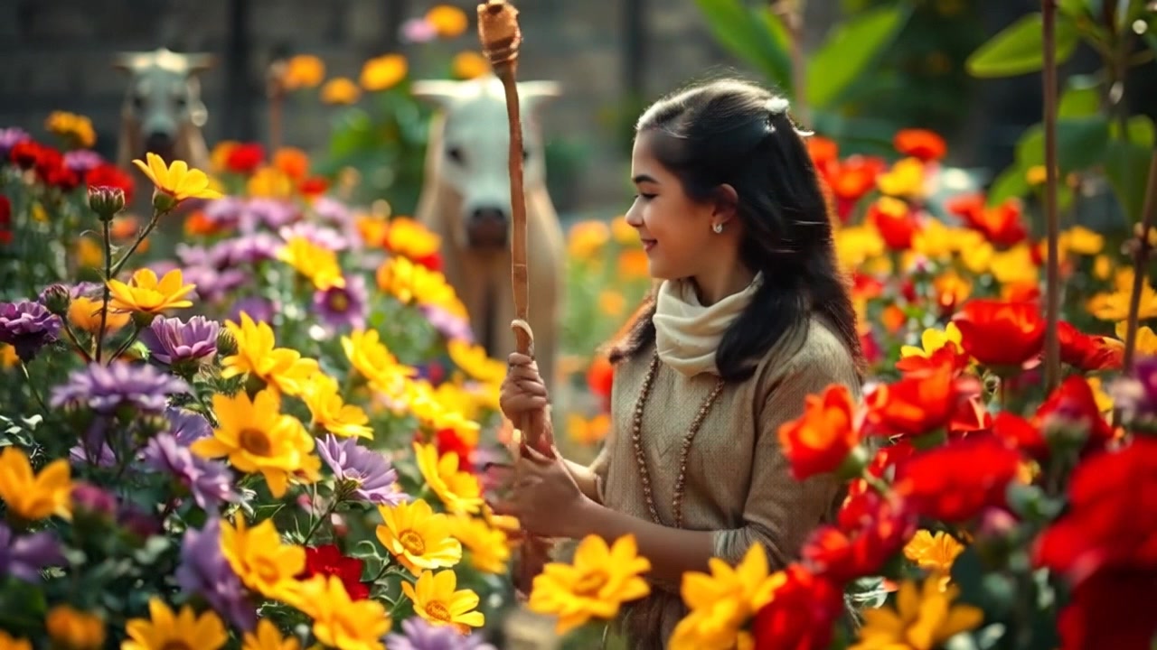 Subject: A young girl playing joyfully in a vibrant garden filled with colorful flowers. Subject movement: She skips and twirls, her laughter echoing through the air as she picks flowers. Scene: A bright and lively garden bursting with hues of red, yellow, and blue blossoms under a clear blue sky. Style: Morning light pouring down warmly, enhancing the vivid colors of the flowers. Motion: The camera gracefully follows her playful movements, panning around her in a smooth arc, capturing her joy and the beauty of the surroundings.