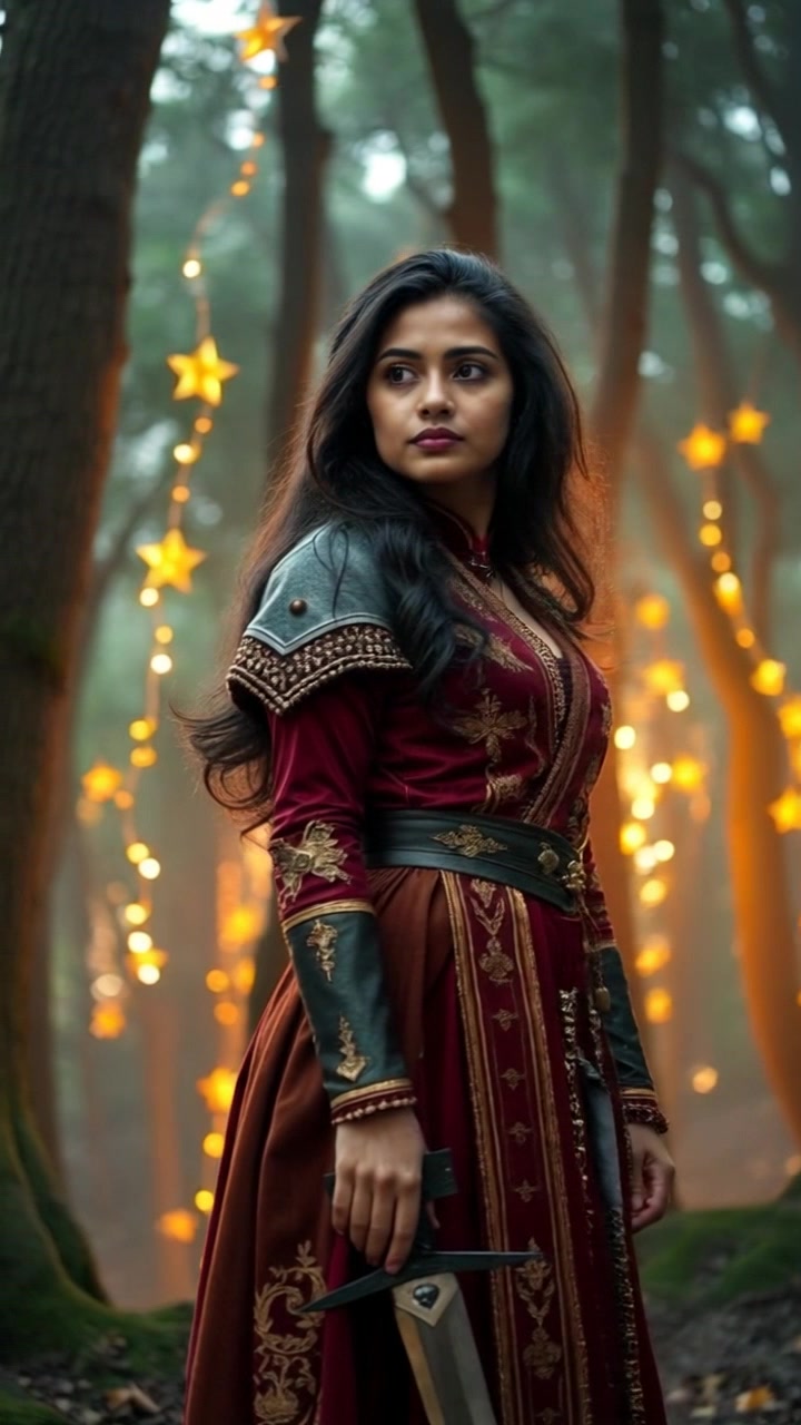 Subject: Priya standing in an enchanting forest, mesmerized by the shimmering lights and magical elements around her. Subject movement: She slowly turns her head, taking in the beauty of the surroundings, her dress gently fluttering in the subtle breeze. Scene: A mystical forest filled with ethereal glowing orbs and sparkling flora, bathed in soft, dappled light. Motion: The camera glides smoothly around Priya, capturing her wonder as the lights twinkle softly in the background, enhancing the enchanting atmosphere.
