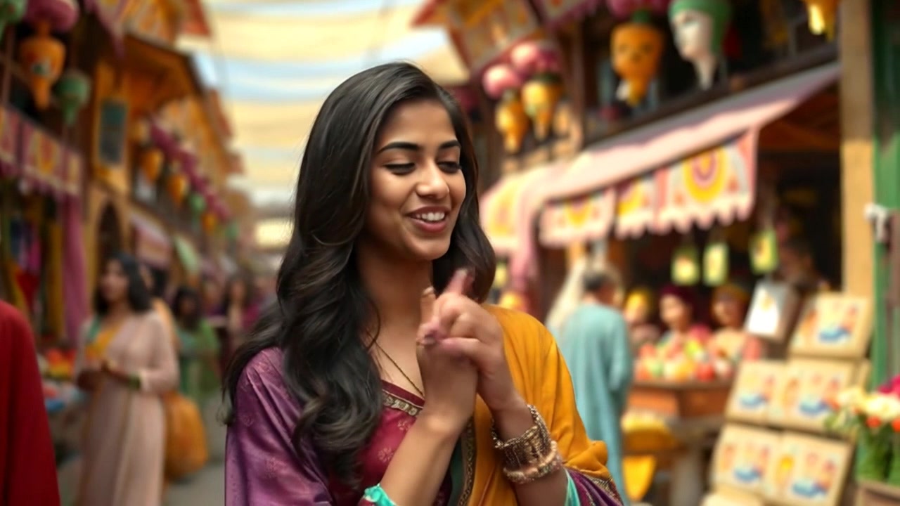Subject: Priya, a charismatic individual, engaging playfully with an audience in a vibrant street market. Subject movement: She gestures animatedly, sharing laughter and humorous insights that draw the crowd in. Scene: A bustling street market filled with colorful stalls, rich textiles, and a lively atmosphere. Style: Bright, natural light illuminating the vibrant colors of the market flowers and wares, creating an inviting ambiance. Motion: The camera employs a handheld tracking shot, smoothly transitioning close to Priya as she interacts with the crowd, capturing the joy and energy of the moment.