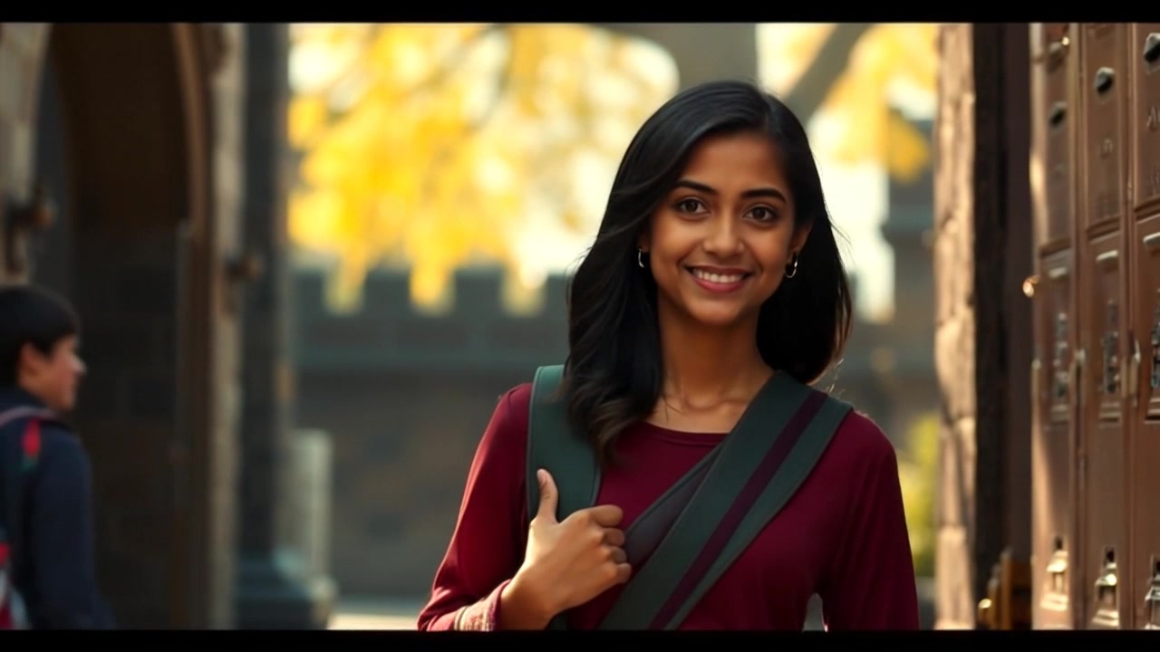 Subject: A student walking into a school building, bright and hopeful expression on her face. Subject movement: Priya strides confidently forward, her backpack slung over one shoulder, as she approaches the school's entrance. Scene: Front of a bustling school building, with students socializing and lockers lining the hall. Style: Warm morning light creating a welcoming atmosphere, enhanced by a slight breeze. Motion: Handheld camera tracking shot follows Priya as she walks through the entrance, showcasing the lively environment around her.