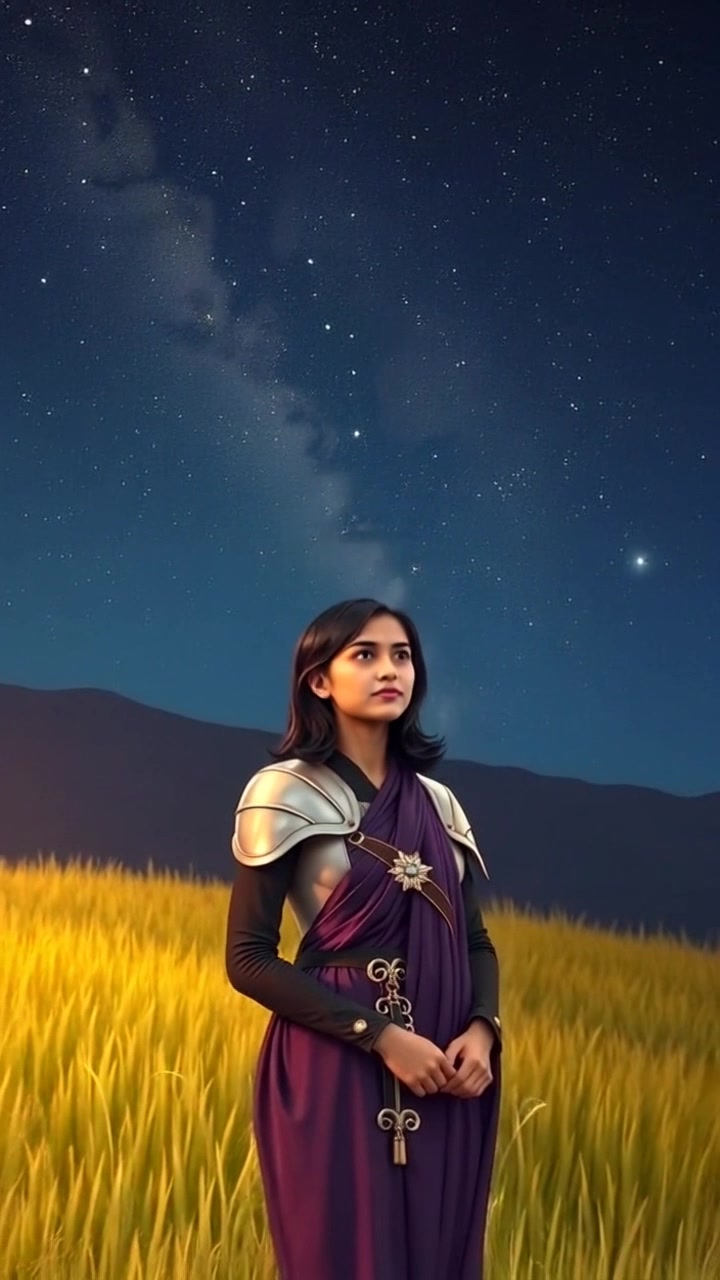 Subject: A young woman standing in a grassy field, gazing up at the starry night sky. Subject movement: She remains still, her silhouette illuminated by the twinkling stars above. Scene: A serene grassy field under a vast, dark sky brimming with stars. Style: Soft, ambient lighting with a rich contrast between the night sky and the illuminated stars, creating a tranquil atmosphere. Motion: The camera gently pulls back to reveal the expansive landscape, creating a sense of wonder as more stars come into view.