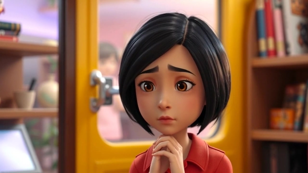 Subject: A young woman looking anxious with her hands clasped tightly. Scene: Close-up on her face, with soft focus on her worried expression in a cozy, dimly lit room. Style: Warm, ambient lighting filtering through sheer curtains, creating a serene yet tense atmosphere. Motion: The camera slowly zooms in on her face, capturing the subtle shifts in her expression as she processes her thoughts.