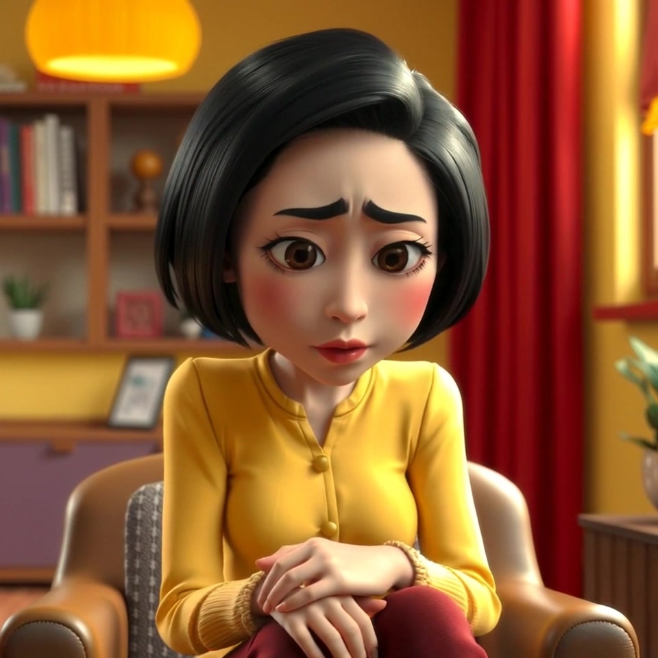 Subject: A woman sitting on a chair, hands clasped in a concerned manner. Scene: An intimate indoor setting with soft, warm lighting that hints at evening. Motion: The camera slowly dolly in on the woman's expression, capturing the nuanced emotions as her brows furrow in thought.