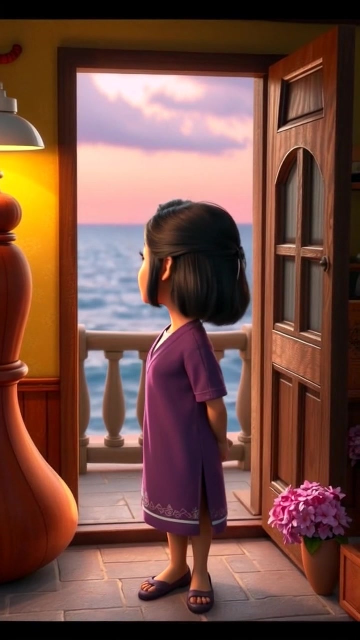 Subject: A figure standing in the doorway of a modest home. Subject movement: The figure gazes thoughtfully at the distant sea, standing still as the wind gently rustles through their clothes. Scene: A modest village home set against a backdrop of expansive sea and sky, capturing the tranquility of the coastal environment. Style: Soft afternoon light enveloping the scene with warm hues. Motion: The camera begins with a close-up on the figure's face, then moves to a wide shot showcasing the home and sea, gently panning to capture the calm surroundings.