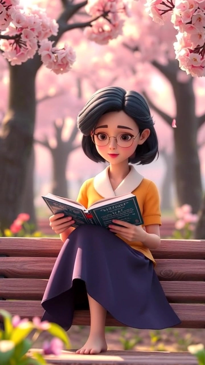 Subject: A person sitting on a bench, deeply immersed in reading a book. Scene: A serene park setting with blossoming trees framing the scene, soft petals drifting through the air. Motion: The camera slowly pushes in towards the person, capturing the tranquil atmosphere as sunlight filters through the leaves, creating a warm, inviting glow.