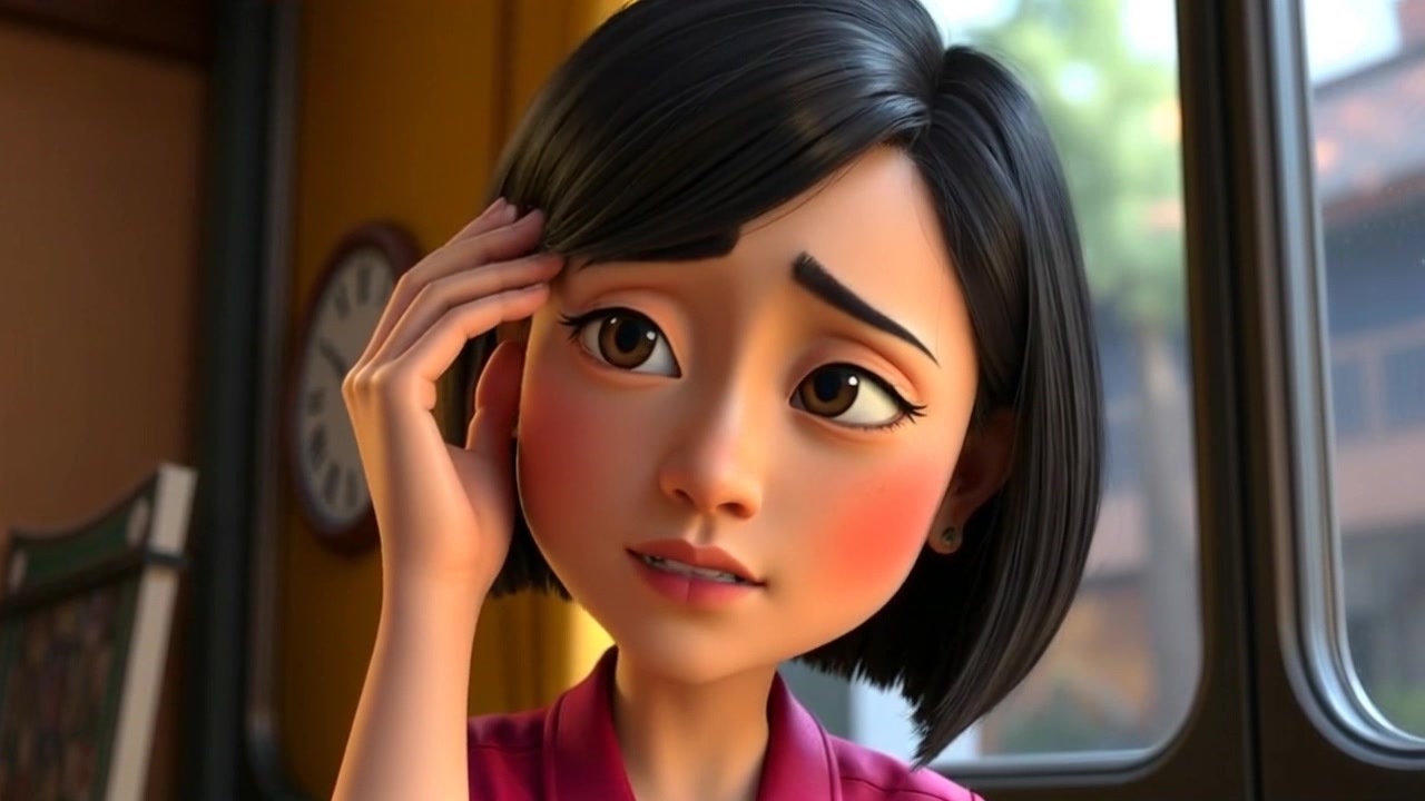 Subject: Li with a worried expression. Subject movement: She shakes her head gently, conveying concern. Scene: A softly lit room with warm hues, the background blurred to focus on her emotion. Style: Ambient lighting that highlights her features while maintaining a cozy atmosphere. Motion: The camera slowly zooms in on Li's face, capturing the subtleties of her expression as she moves.