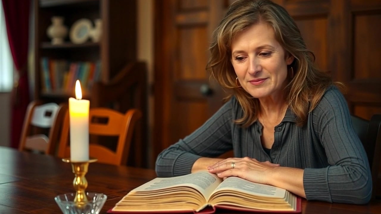 Scene: A serene interior with Susan seated at a wooden table, her prayer book open and a flickering candle beside her. Style: Warm, soft lighting from the candle creating a cozy and inviting atmosphere. Motion: The camera gently pushes in towards the table, capturing the flickering flame and the delicate pages of the prayer book, enhancing the intimate feeling of this moment.