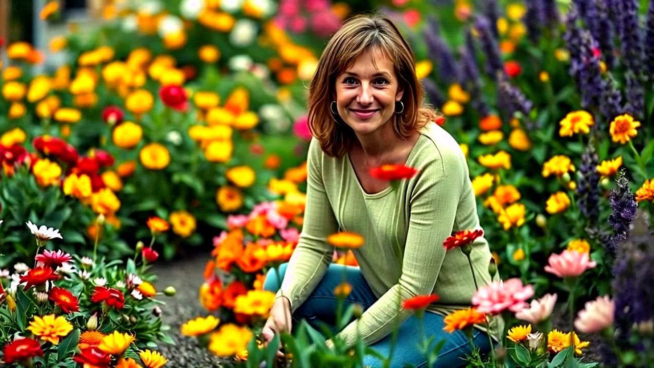 Subject: A person kneeling in a vibrant garden filled with blooming flowers and lush green plants. Subject movement: The person tends to the flowers, gently pulling weeds while glancing around with a serene smile. Scene: A colorful garden where a variety of flowers are in full bloom, with greenery creating a lush backdrop. Style: Bright, natural lighting reflecting the freshness of a sunny day. Motion: The camera slowly pans across the garden, capturing the vibrant colors and the person's calming activity amid the blooming flora.