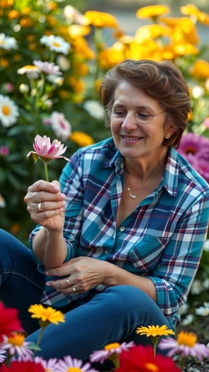 Subject: A woman sitting peacefully in a vibrant garden, holding a wilted flower with a contemplative expression. Subject movement: She gently sways her body side to side, providing a sense of calm amidst the lively surroundings. Scene: A lush garden filled with blooming flowers, contrasting the wilted flower in her hands. Style: Soft, natural lighting that enhances the vivid colors of the blossoms around her, creating a serene and inviting atmosphere. Motion: The camera slowly zooms in on her contemplative face, capturing the details of her interaction with the flower, while a slight breeze rustles the nearby blooms.