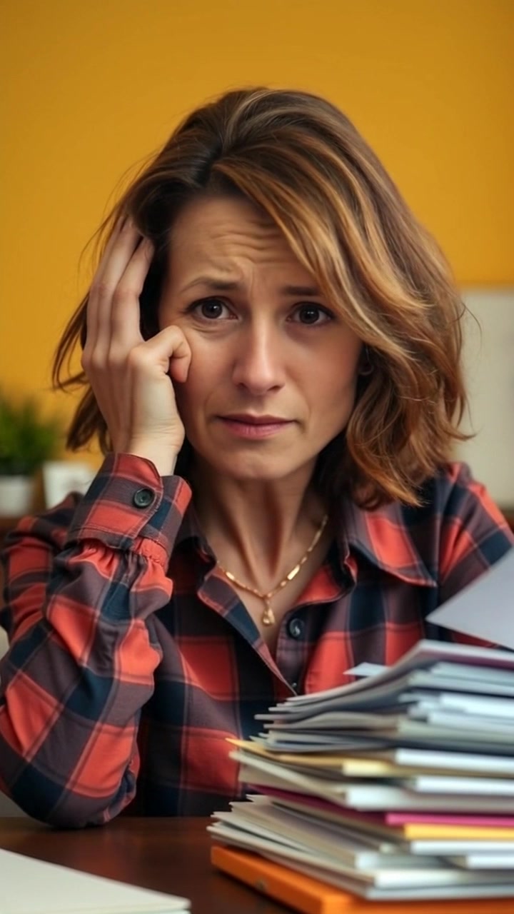 Subject: A concerned person shaking her head in frustration, surrounded by a cluttered desk filled with a stack of papers. Subject movement: The person's head shakes side to side, reflecting her dismay. Scene: A cozy, dimly lit home office with scattered paperwork and a warm desk lamp casting soft light. Motion: The camera gradually zooms in on the subject's expressive face, capturing subtle shifts in emotion, while the background blurs slightly to emphasize her distress.