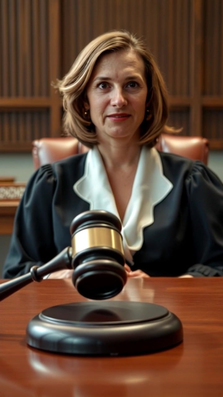 Scene: A solemn courtroom setting featuring a judge's bench with a gavel resting prominently on the table. Style: Natural, dim lighting creates a serious atmosphere, highlighting the wood textures of the bench and the legal documents scattered around. Motion: The camera steadily pushes in from the courtroom entrance, conveying a sense of gravity as it focuses on the gavel, emphasizing its significance within the judicial process.