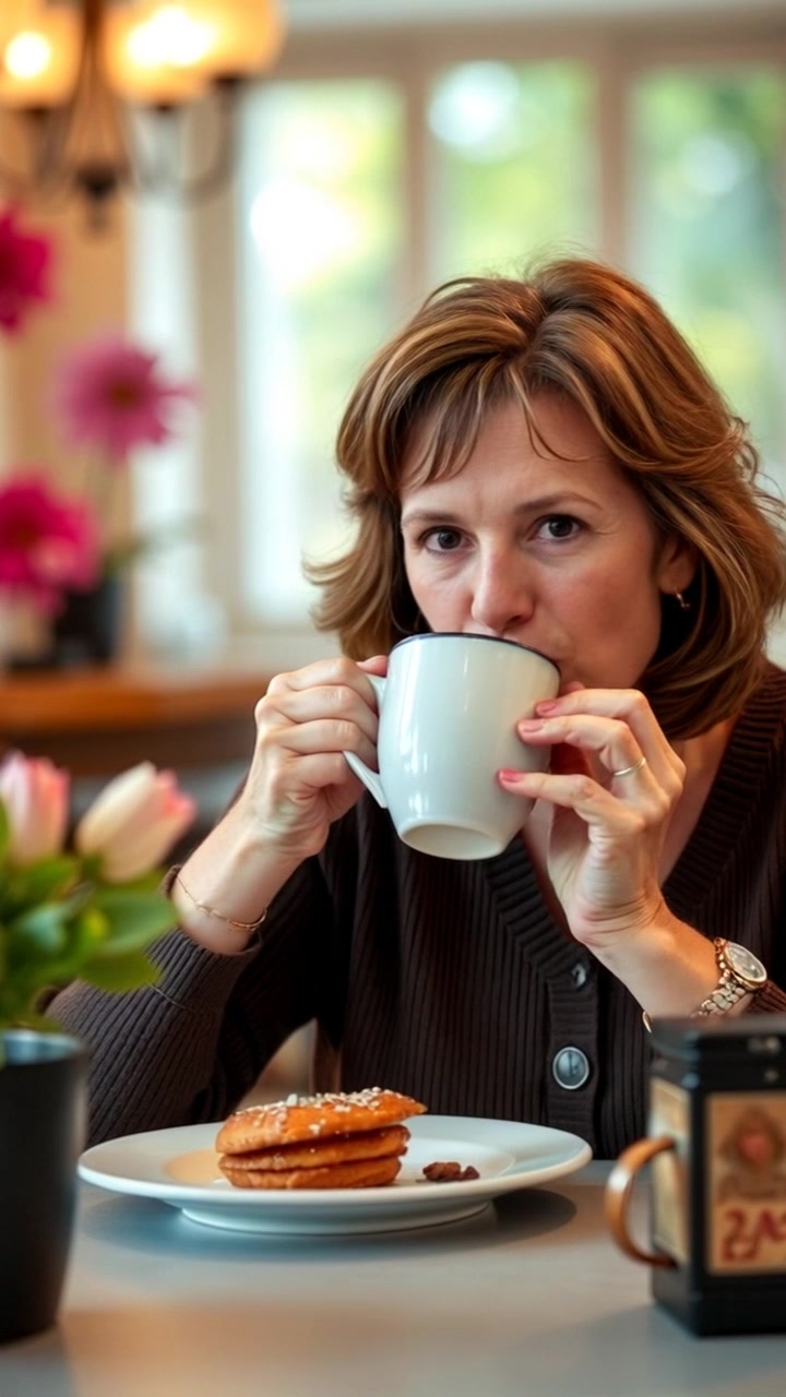 Subject: A woman enjoying her morning coffee at a breakfast table. Subject movement: She takes a sip from her coffee cup with a warm smile. Scene: Cozy breakfast nook adorned with plants and a view of a sunny kitchen. Lighting: Soft, morning light filtering in through a window, casting gentle shadows. Motion: The camera slowly moves in for a close-up, capturing the details of her expression and the steaming coffee.