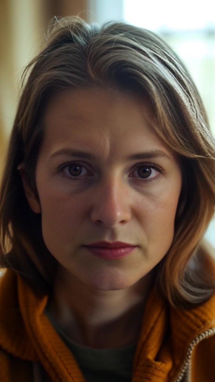 Subject: A young woman with a serious expression. Scene: Close-up of her face, illuminated by ethereal light that highlights her features, casting soft shadows. Motion: The camera slowly pushes in, enhancing the intensity of her gaze, while uncovering a beautifully blurred background that complements the solemn atmosphere, creating a reflective mood.