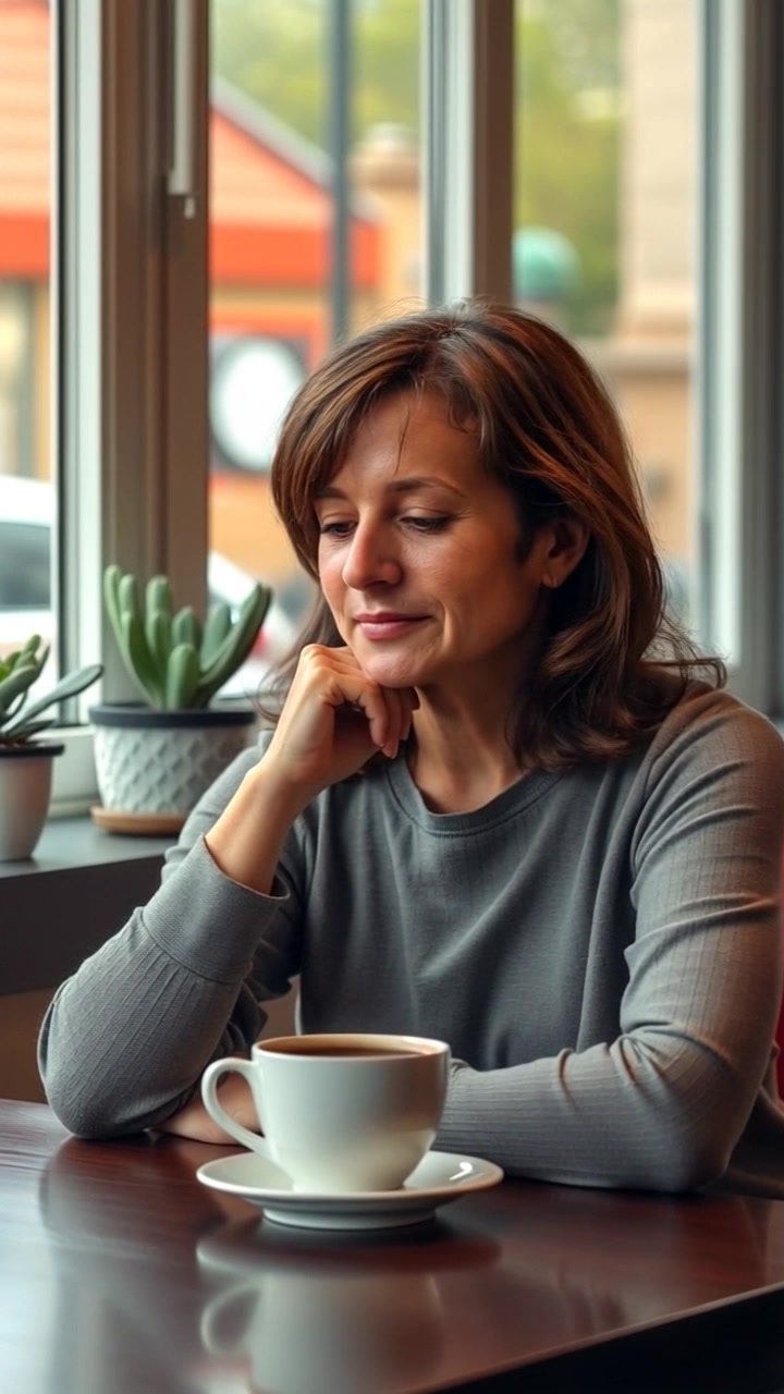 Scene: A contemplative moment at a cozy café with Susan sitting at a table, gazing thoughtfully at a steaming cup of coffee as the sunlight filters through the window behind her, casting soft shadows. Style: Morning light creates a warm and inviting atmosphere, enhancing the rich colors of the coffee and the subtle textures of the café interior. Motion: Camera performs a slow push-in towards Susan's face, capturing the warmth of her expression and the inviting ambiance of the café.
