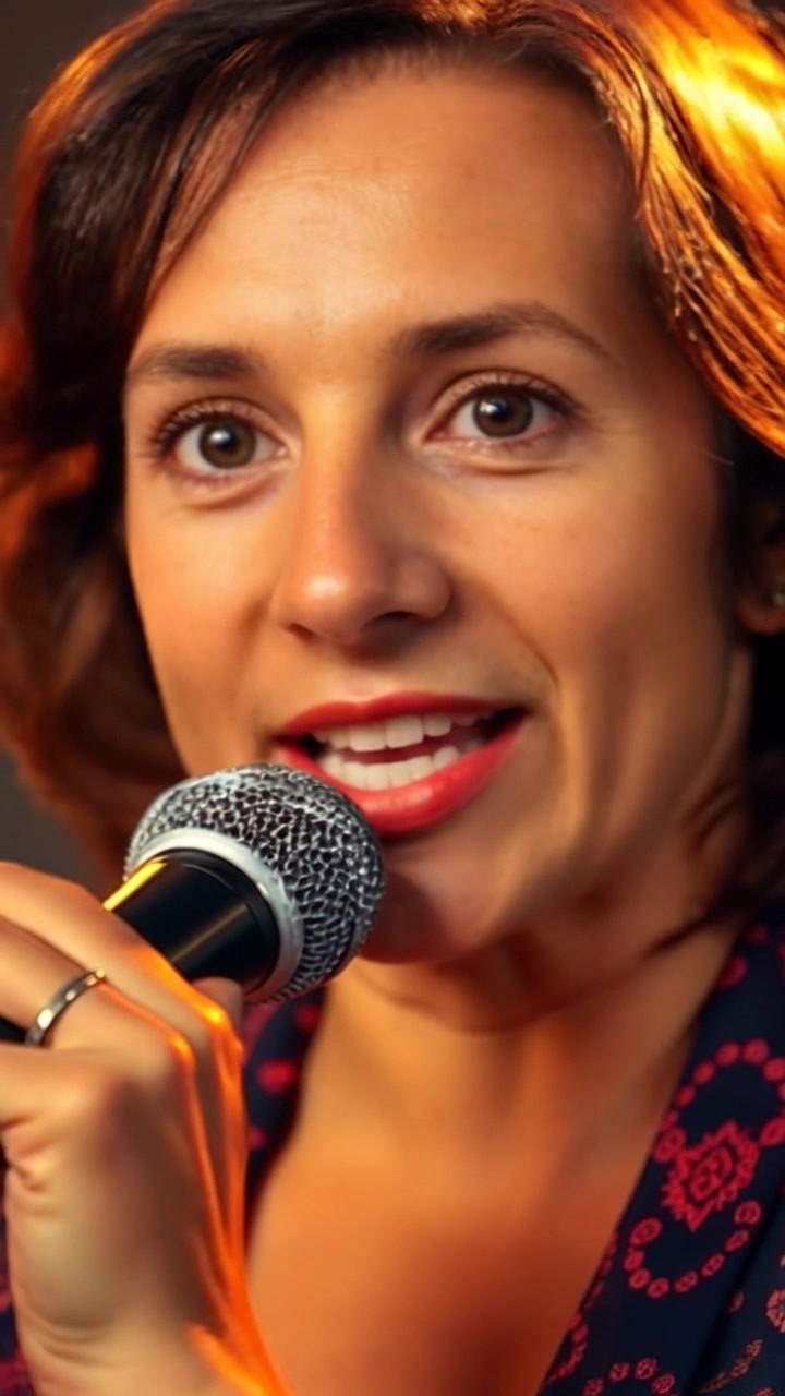 Subject: A speaker confidently addressing an audience into a microphone. Subject movement: The speaker moves slightly, gesturing with her hands for emphasis. Scene: A focused, intimate setting with a warm light casting a glow on the speaker's face. Motion: A close-up shot of her expression transitions to a medium shot, slowly pulling back to reveal more of the stage and audience. The lighting enhances the inviting atmosphere, creating a warm, engaging mood.