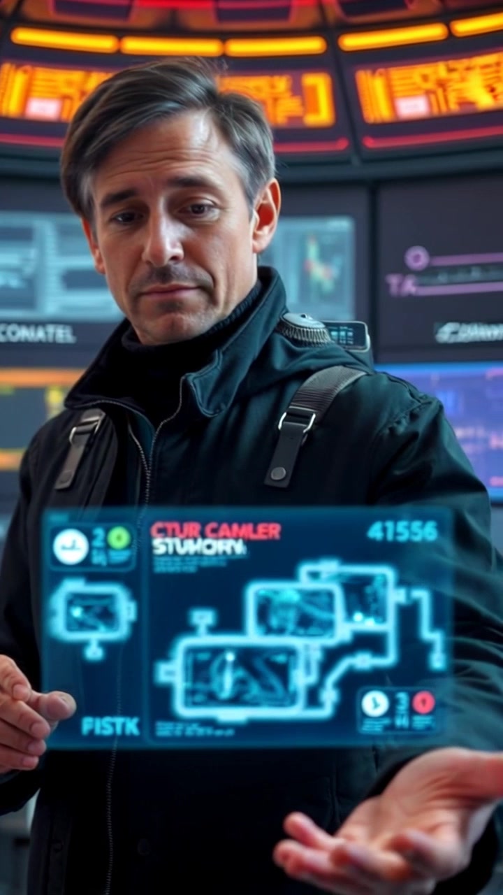 Subject: A person standing in a futuristic control room, intently observing a holographic display. Subject movement: The person shifts slightly to interact with the hologram, hands reaching out as if manipulating data. Scene: A sleek, high-tech control room filled with glowing screens and holographic interfaces, dimly lit with vibrant, pulsing lights. Motion: The camera performs a smooth push-in towards the holographic display, capturing the intricate details of the interface as it comes to life. Lighting: Subtle, ambient lighting enhances the futuristic atmosphere, with glowing elements creating a dynamic environment. Atmosphere: Tense and focused, evoking a sense of urgency and high-stakes decision-making.