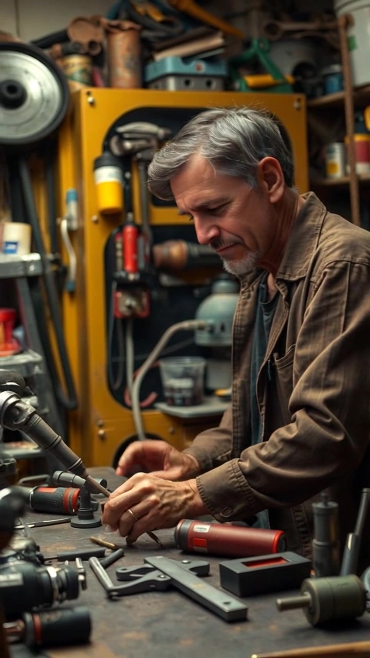Scene: A cluttered workshop filled with numerous tools and projects, beams of light filtering through dusty windows. Style: Warm lighting creates an inviting atmosphere, emphasizing the textures of the wooden workbench and metal tools. Motion: The camera moves in on the focused worker at the bench, capturing the intricate details of the tasks at hand, then pulls back slightly to reveal the full scope of the workshop.