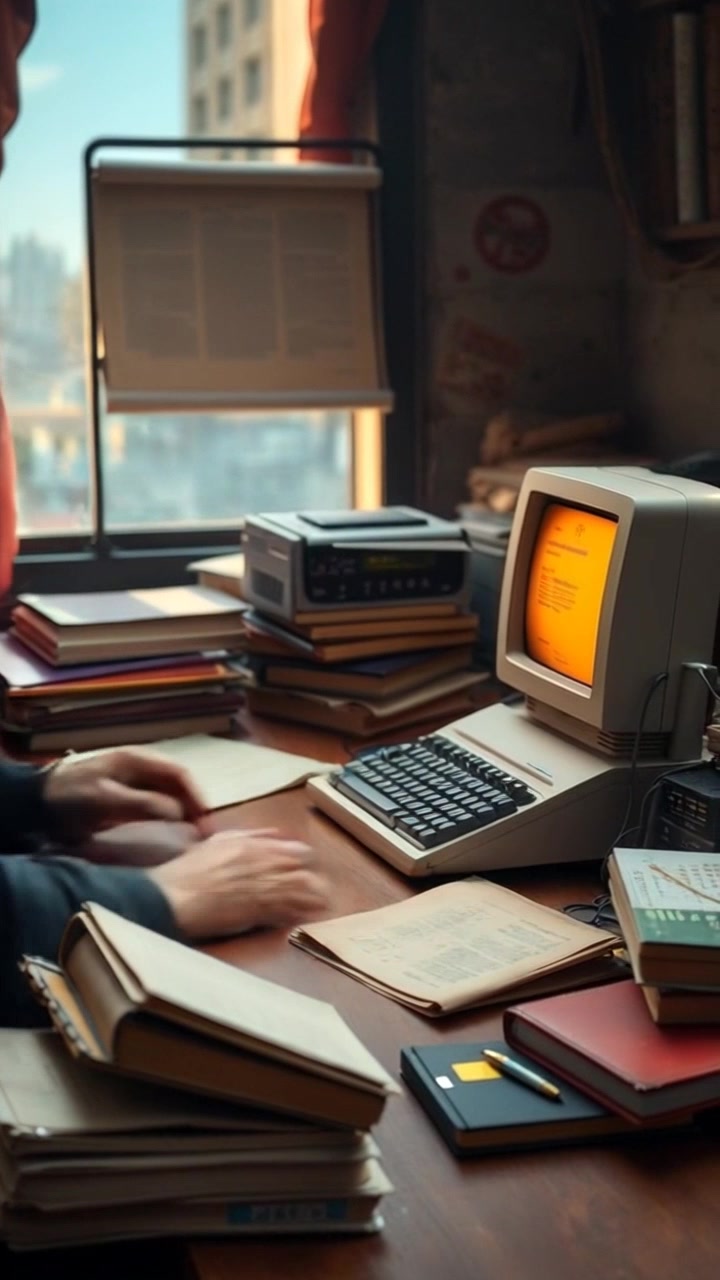Scene: A cozy, cluttered study space with a desk adorned with a vintage computer, scattered books, and papers. Style: Soft, warm lighting streaming through a nearby window, creating an inviting atmosphere. Motion: The camera performs a smooth push-in towards the desk as it captures the intricate details of the workspace, subtly highlighting the flickering screen and the textured pages of open books.