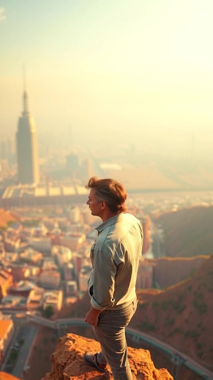 Subject: A figure standing on a cliff. Subject movement: The figure stands still, gazing contemplatively over the sprawling landscape, with the wind gently rustling his hair. Scene: A breathtaking cliffside view overlooking a vast, undulating terrain. Style: Soft, late afternoon light creates a warm and inviting atmosphere, illuminating the scene with golden hues. Motion: The camera begins with a closeup of the figure's profile, then slowly pans out to reveal the dramatic landscape stretching into the horizon.