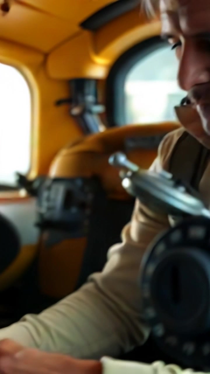 Subject: A determined individual adjusting cockpit controls. Subject movement: The person is making precise adjustments to the controls, keenly focused on their task. Scene: Inside an aircraft cockpit, filled with complex instruments and dim ambient lighting. Style: Low-light atmosphere emphasizing the glow of the control panel. Motion: The camera moves in for a close-up as the individual’s hands deftly maneuver over the controls, capturing the intensity of concentration.