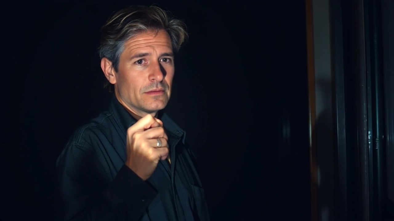 Subject: A person standing in a dark room with a flashlight. Subject movement: The person shifts nervously, scanning the room with the beam of light, casting shifting shadows on the walls. Scene: A dimly lit room filled with looming shadows, creating an atmosphere of suspense and anxiety. Style: Low-key lighting accentuating the darkness with harsh contrasts from the flashlight's glow. Motion: The camera performs a slow, suspenseful push-in towards the subject, capturing the tension in their expression as they navigate the ominous surroundings.