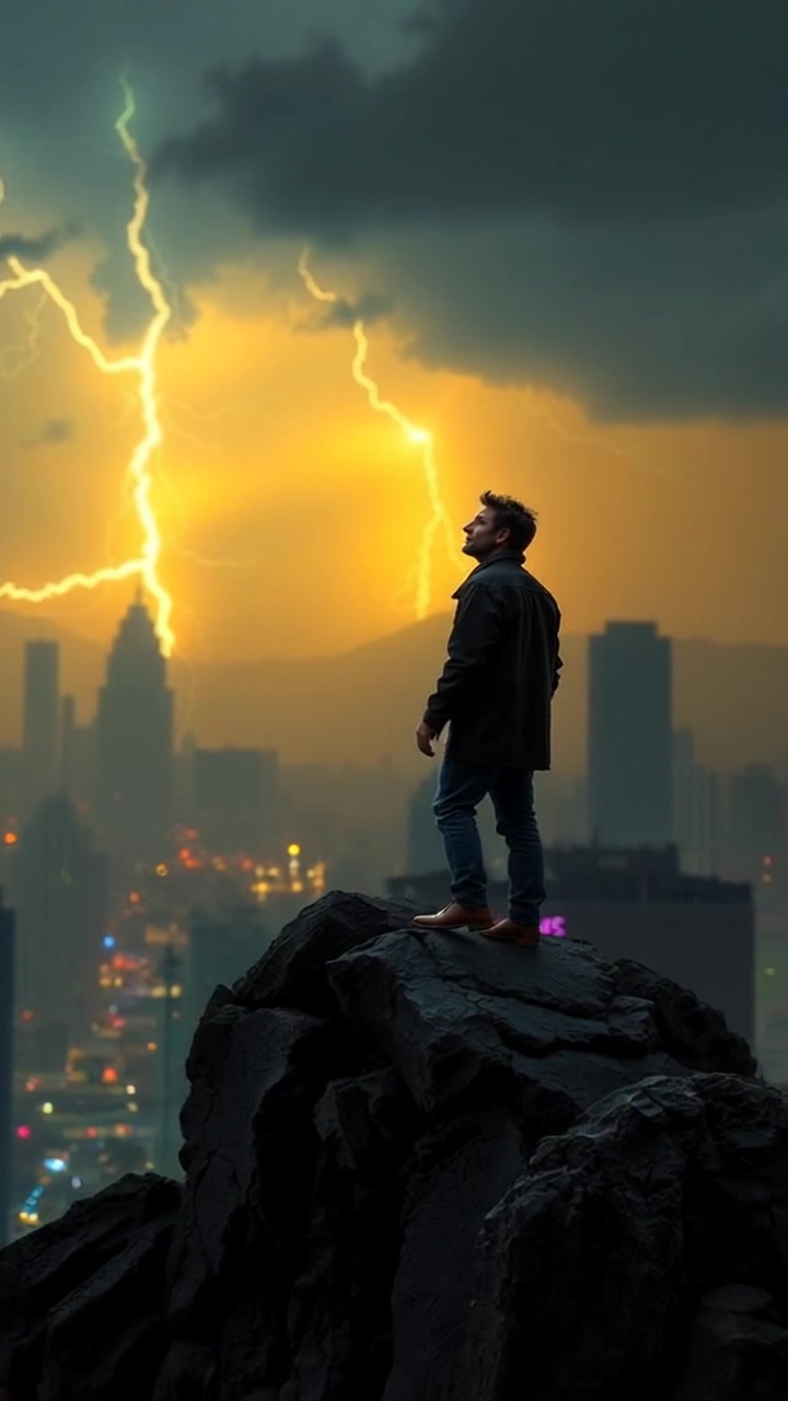 Subject: A person standing on a rocky outcrop, gazing upward with a hopeful expression. Subject movement: The figure turns slightly as they lift their arms, embracing the approaching storm. Scene: A dramatic outdoor setting atop a rugged cliff, with dark clouds gathering and distant thunder rumbling. Style: Moody lighting casts shadows across the landscape, intensifying the atmosphere. Motion: A sweeping camera shot moves in to capture the person's expression and extends out to showcase the vastness of the rocky terrain and ominous sky.