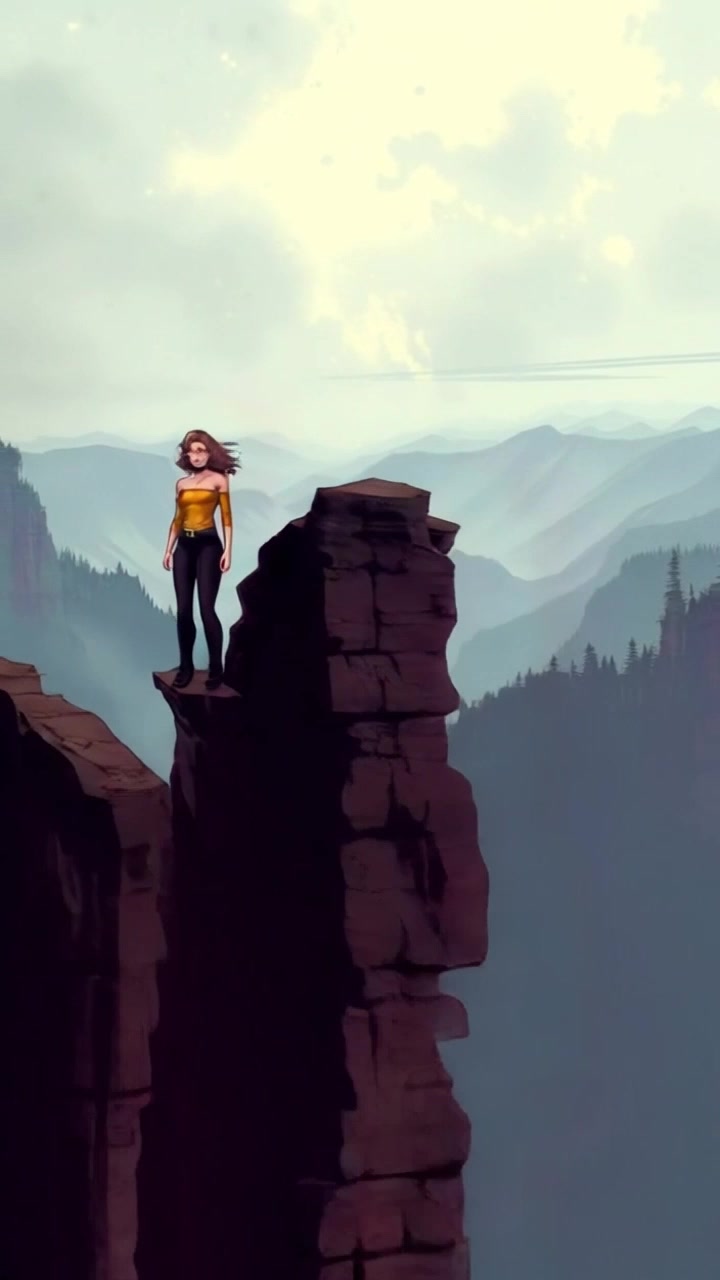 Subject: A determined figure standing confidently at the edge of a cliff. Subject movement: The figure briefly shifts her weight, gazing into the vast valley below with an assertive posture. Scene: The breathtaking vista of a wide valley and rugged cliffs, captured in striking detail under an expansive sky. Style: Soft morning light enhances the vivid colors of the landscape, creating an uplifting atmosphere. Motion: Camera begins with a close-up on the figure at the cliff's edge, then pushes out smoothly to reveal the sweeping valley panorama behind her, emphasizing her connection to the vastness below.