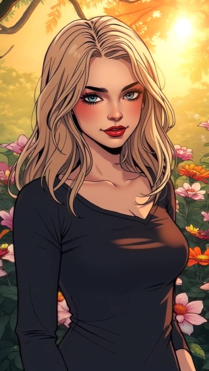 Subject: A princess standing gracefully in a sunlit garden, surrounded by an array of vibrant, blooming flowers. Subject movement: The princess gently sways with a soft breeze, her smile radiating warmth and serenity. Scene: A lush garden filled with colorful flowers, touched by the golden rays of sunlight. Style: Morning light illuminating the vibrant colors, creating a cheerful and inviting atmosphere. Motion: The camera captures a smooth, closeup, circular pan around the princess, revealing the beauty of her surroundings as her hair lightly flows in the breeze.