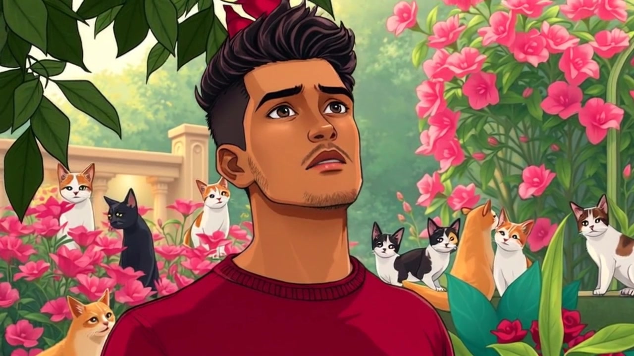 Subject: A young man gazing thoughtfully at a lush garden, a serene expression on his face. Subject movement: He shifts slightly, taking a deep breath, as if absorbing the tranquility around him. Scene: A vibrant garden filled with blooming flowers and greenery, with sunlight filtering through the leaves. Style: Soft, warm morning light enhancing the colors of the foliage, creating an inviting atmosphere. Motion: Camera slowly pushes in to capture the man's expression and the beauty of the garden, giving a sense of intimate connection with nature.