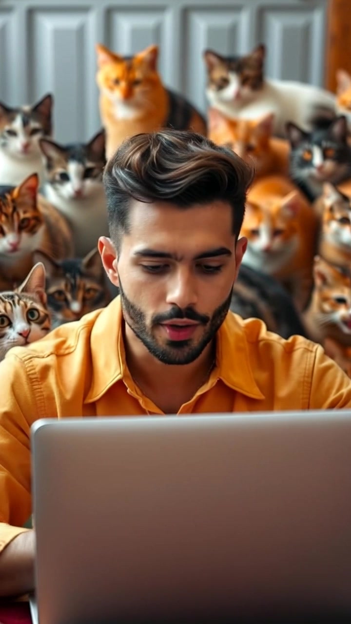 Subject: A person focused on their laptop during a video call, displaying a puzzled expression. Subject movement: They lean slightly forward, their hands gesturing expressively as they engage in conversation. Scene: A cozy home office filled with books and personal items, a soft glow from a desk lamp illuminating the area. Style: Warm ambient lighting creating an inviting atmosphere. Motion: Camera zooms in slowly to capture the subtle emotional nuances of the person's expression, then pushes out to reveal more of the surrounding workspace.